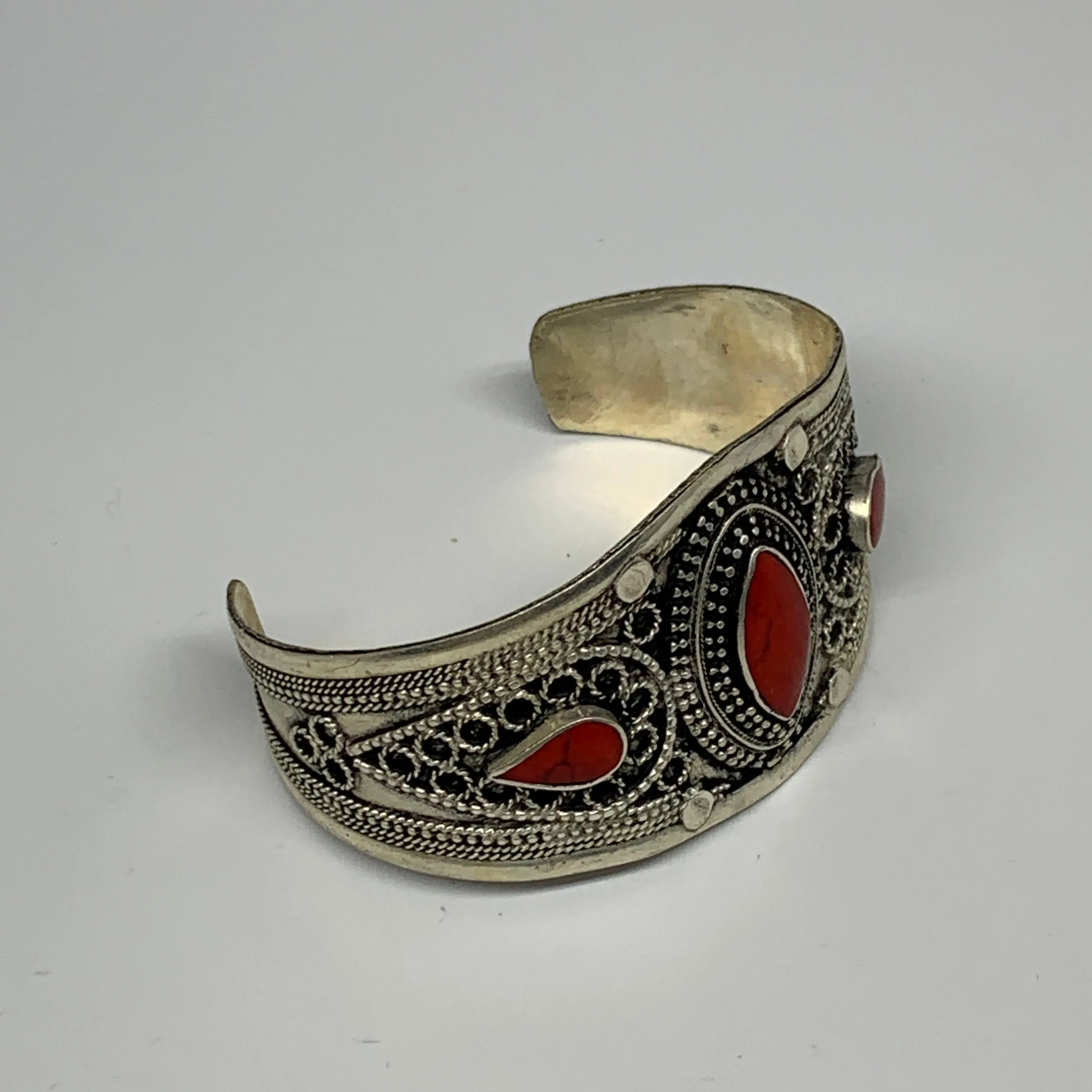 34.4g, 1.6" Turkmen Cuff Bracelet Tribal Small Marquise, Red Coral Inlay, B13504