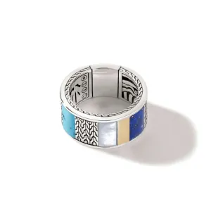 Sterling Silver Mother of Pearl, Turquise and Lapis Lazuli Ring Size 10