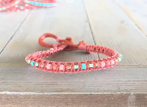 Turquoise and Coral Top Beaded Macrame Woven Leather Stack bracelet