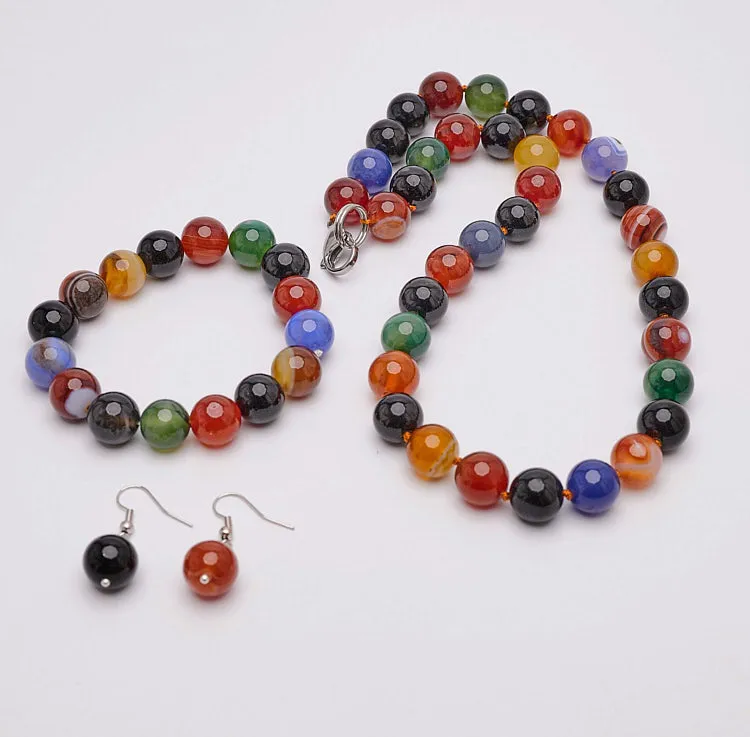 Women's 12mm Natural Gemstone Beaded Necklace, Bracelet and Earrings Set